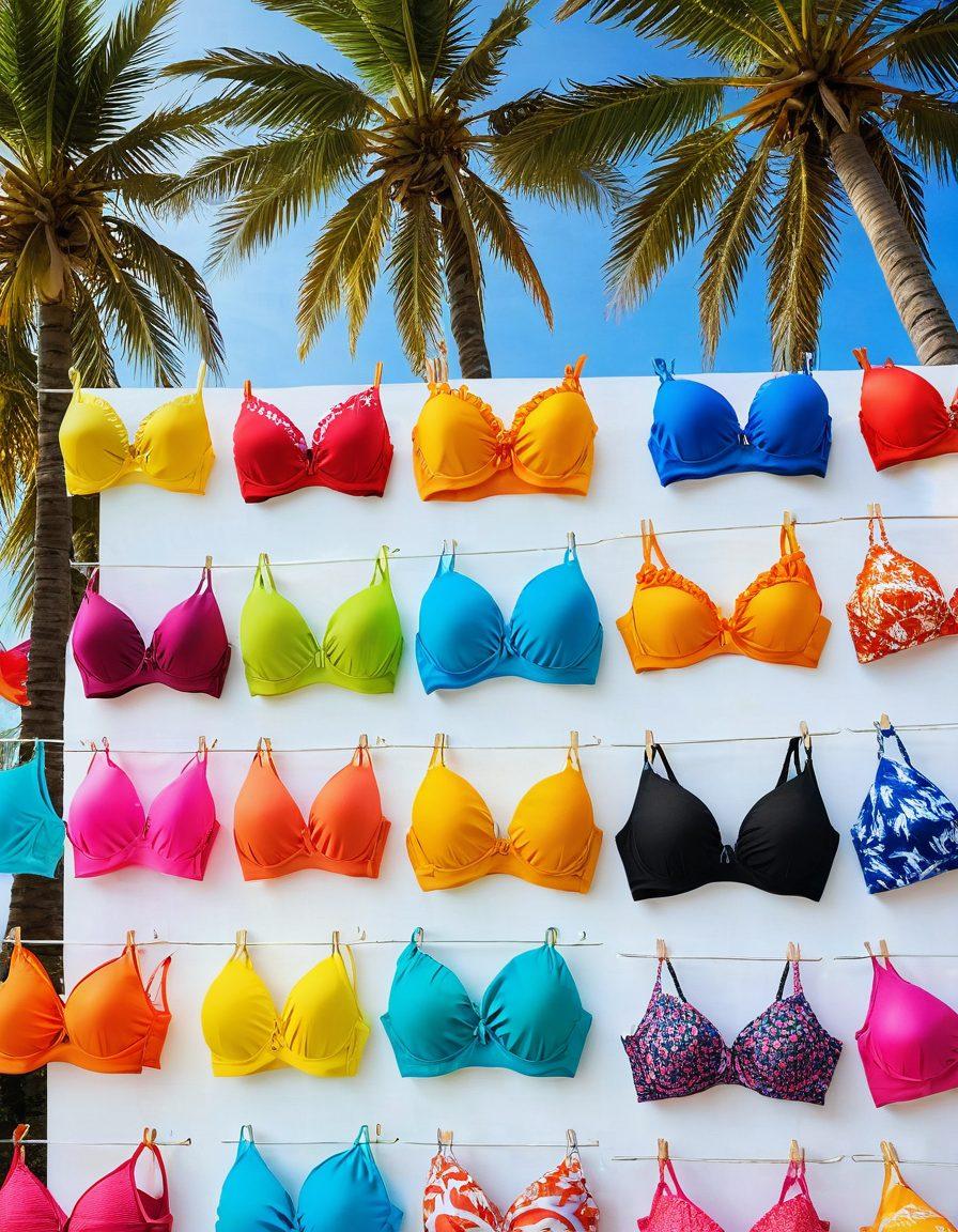 A vibrant beach scene showcasing a diverse array of stylish bikinis in various colors and designs, displayed on mannequins under a bright sun. Include palm trees swaying in the background, with beachgoers enjoying the sun and ocean waves. Highlight different beach accessories like sunglasses and hats surrounding the bikinis. The atmosphere should be lively and summery. super-realistic. vibrant colors. white background.